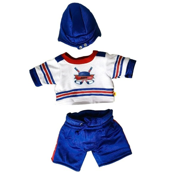 Build A Bear Ice Hockey Uniform Jersey Helmet Pants Red White Blue Outfit Set - Picture 1 of 9